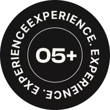 Circular black badge displaying '05+' in white text with 'EXPERIENCE' repeated around the border