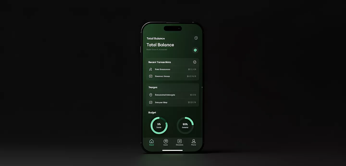 A dark green mobile banking interface with clean typography for displaying balance information, transactions, and budget tracking with circular progress indicators