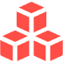 Red geometric icon of three connected cube blocks arranged in cluster, representing modules, components, or organizational structure