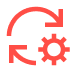 Red circular arrow with gear icon representing process automation, system refresh, workflow optimization, or continuous improvement cycle